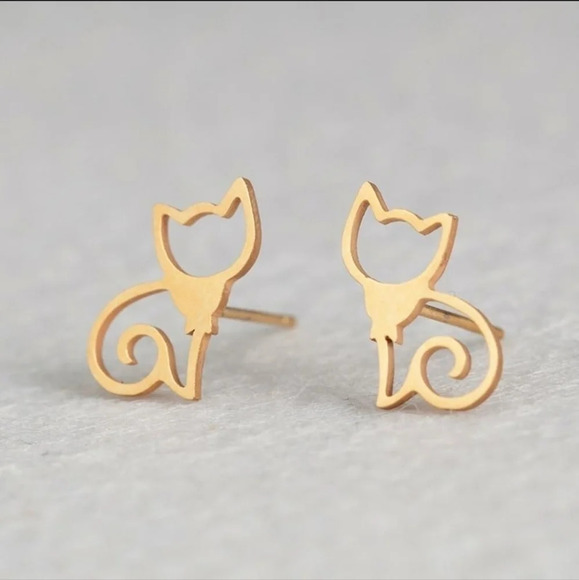 🆕️Minimalist 18K Gold Plated Cat Stud Earrings Hypoallergenic Stainless Steel - Picture 4 of 7